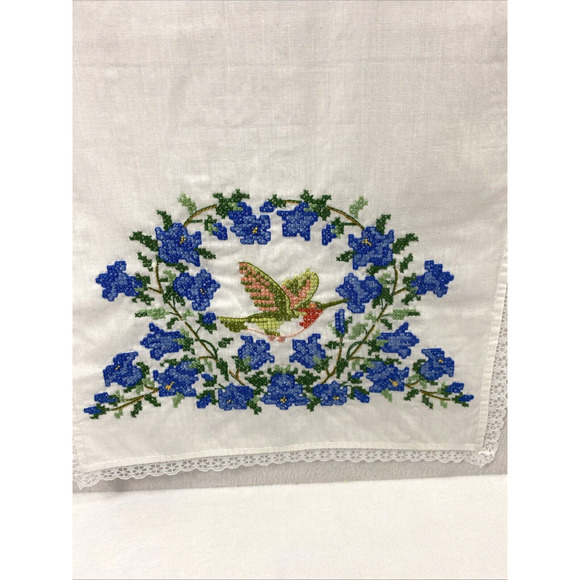 Two Hummingbird‎ Floral Embroidered Table Runners White Cotton Lace Trim - Picture 2 of 10
